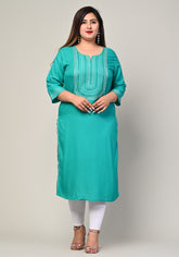 Plus Size Turquoise Cotton Blend  Embroidered Straight Kurta-246